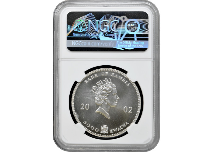Замбия 5000 квач 2002 г., NGC MS67, "Дикая природа Африки - Слоны" цветная