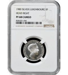 Люксембург 5 франков 1980 г., NGC PF68 CAM, "Великая герцогиня Шарлотта" Top Pop