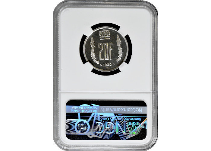 Люксембург 20 франков 1980 г., NGC PF68 CAM, "Великий герцог Жан (1964 - 1999)" Top Pop