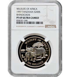 Tanzania 200 shillings 1997, NGC PF69 UC, "Wildlife of Africa: Black Rhinoceros"