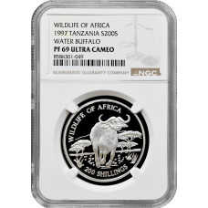 Tanzania 200 shillings 1997, NGC PF69 UC, "Wildlife of Africa - Water Buffalo"