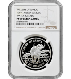 Tanzania 200 shillings 1997, NGC PF69 UC, "Wildlife of Africa - Water Buffalo"