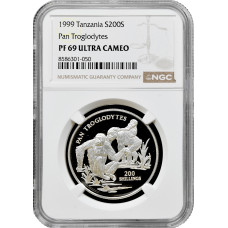 Tanzania 200 shillings 1999, NGC PF69 UC, "Wildlife of Africa - Chimpanzee"