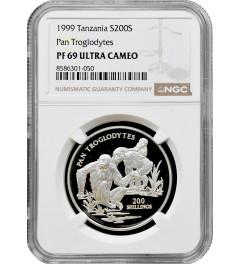 Tanzania 200 shillings 1999, NGC PF69 UC, "Wildlife of Africa - Chimpanzee"