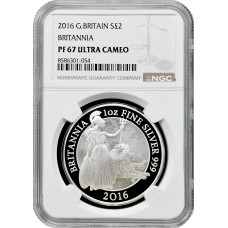 Grossbritannien 2 Pfund 2016, NGC PF67 UC, "Stehende Britannia, Löwe zu Füßen"