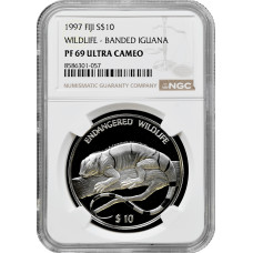 Fiji 10 dollars 1997, NGC PF69 UC, "Endangered Wildlife - Lau Banded Iguana"