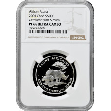 Chad 500 francs 2001, NGC PF68 UC, "African Fauna - White Rhino" Top Pop