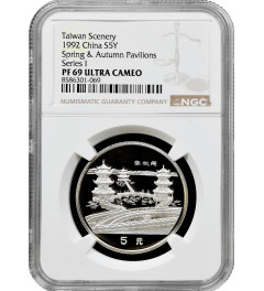 China 5 yuan 1992, NGC PF69 UC, "Taiwan Scenery - Spring & Autumn Pavilions"