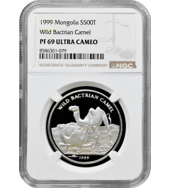 Mongolia 500 togrok 1999, NGC PF69 UC, "Wild Bactrian Camel" silver coin