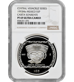 Mexico 5 pesos 1993, NGC PF69 UC, "Veracruz - Carita Sonriente (Smiling face)"