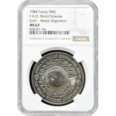 Turkey 500 lira 1984, NGC MS67, "F.A.O. - World Fisheries Conference" Cu-Ni