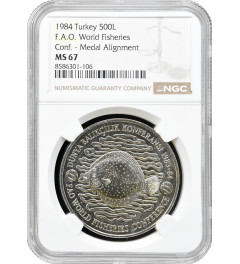 Turkey 500 lira 1984, NGC MS67, "F.A.O. - World Fisheries Conference" Cu-Ni