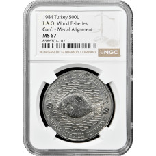 Turkey 500 lira 1984, NGC MS67, "F.A.O. - World Fisheries Conference" Cu-Ni