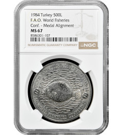 Turkey 500 lira 1984, NGC MS67, "F.A.O. - World Fisheries Conference" Cu-Ni