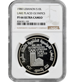 Lebanon 10 livres 1980, NGC PF66 UC, "XIII winter Olympic Games, Lake Placid"
