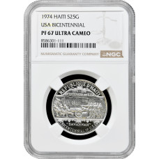 Haiti 25 Gourdes 1974, NGC PF67 UC, "200-jähriges Jubiläum - USA" Silbermünze