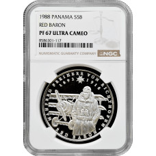 Panama 5 balboas 1988, NGC PF67 UC, "Red Baron" silver coin