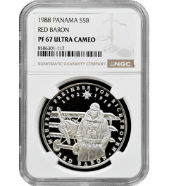Panama 5 balboas 1988, NGC PF67 UC, "Red Baron" silver coin
