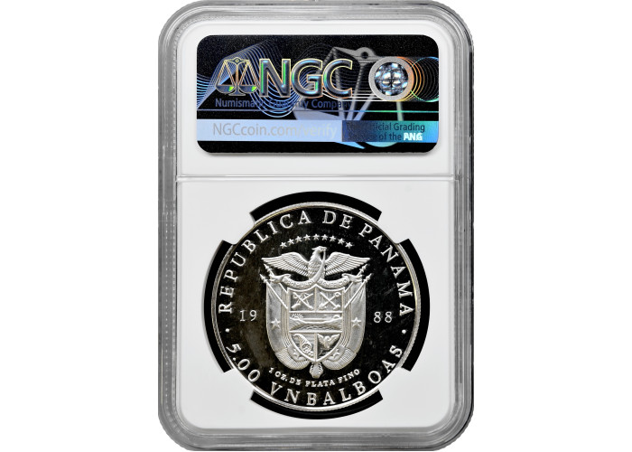 Panama 5 balboas 1988, NGC PF67 UC, "Red Baron" silver coin