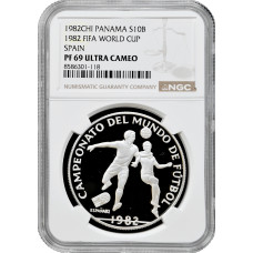 Panama 10 balboas 1982 CHI, NGC PF69 UC, "FIFA World Cup 1982 - Spain"