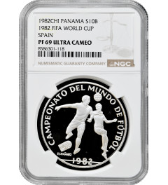 Panama 10 balboas 1982 CHI, NGC PF69 UC, "FIFA World Cup 1982 - Spain"