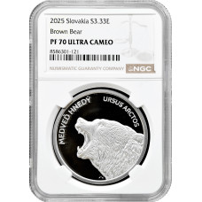 Slovakia 3.33 euro 2025, NGC PF70 UC, "Fauna & Flora in Slovakia - Brown Bear"