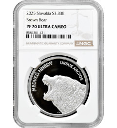 Slovakia 3.33 euro 2025, NGC PF70 UC, "Fauna & Flora in Slovakia - Brown Bear"