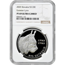 Slovakia 3.33 euro 2025, NGC PF69 UC, "Fauna & Flora in Slovakia: Eurasian Lynx"