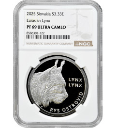 Slovakia 3.33 euro 2025, NGC PF69 UC, "Fauna & Flora in Slovakia: Eurasian Lynx"