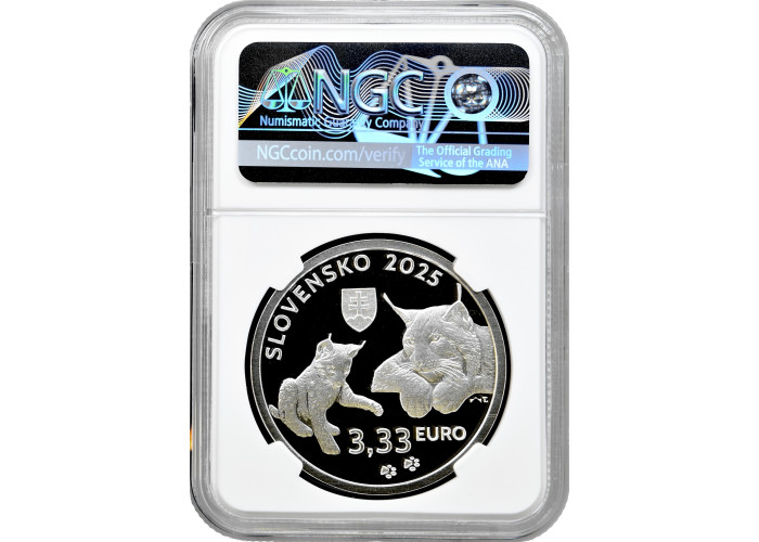 Slovakia 3.33 euro 2025, NGC PF69 UC, "Fauna & Flora in Slovakia: Eurasian Lynx"