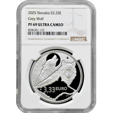 Slovakia 3.33 euro 2025, NGC PF69 UC, "Fauna & Flora in Slovakia - Grey Wolf"