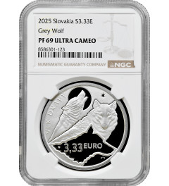 Slovakia 3.33 euro 2025, NGC PF69 UC, "Fauna & Flora in Slovakia - Grey Wolf"