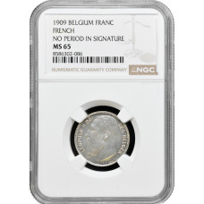 Бельгия 1 франк 1909 г. French, NGC MS65, "Король Леопольд II (1865 - 1909)"