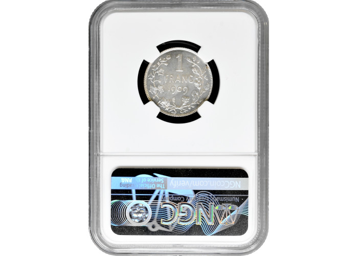 Belgium 1 franc 1909 French, NGC MS65, "King Leopold II (1865 - 1909)"