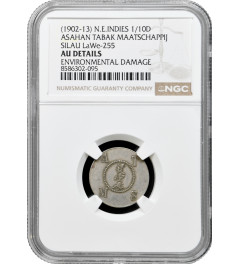 Netherlands East Indies 1/10 dollar 1902-13, NGC AU Det, "Silau Tabakmaaschappy"