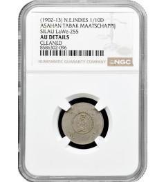 Netherlands East Indies 1/10 dollar 1902-13, NGC AU Det, "Silau Tabakmaaschappy"