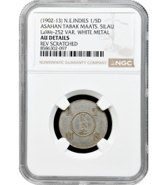 Netherlands East Indies 1/5 dollar 1902-13, NGC AU Det, "Silau Tabakmaaschappy"