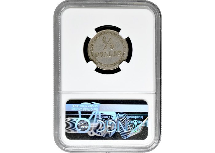 Netherlands East Indies 1/5 dollar 1902-13, NGC AU Det, "Silau Tabakmaaschappy"