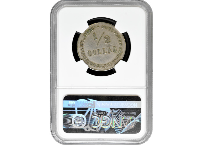 Netherlands East Indies 1/2 dollar 1902-13, NGC AU Det., "Silau Tabakmaaschappy"