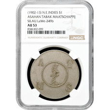 Голландская Ост-Индия 1 доллар 1902-1913 г., NGC AU53, "Silau Tabakmaaschappy"