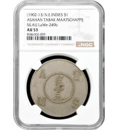 Netherlands East Indies 1 dollar 1902-1913, NGC AU53, "Silau Tabakmaaschappy"