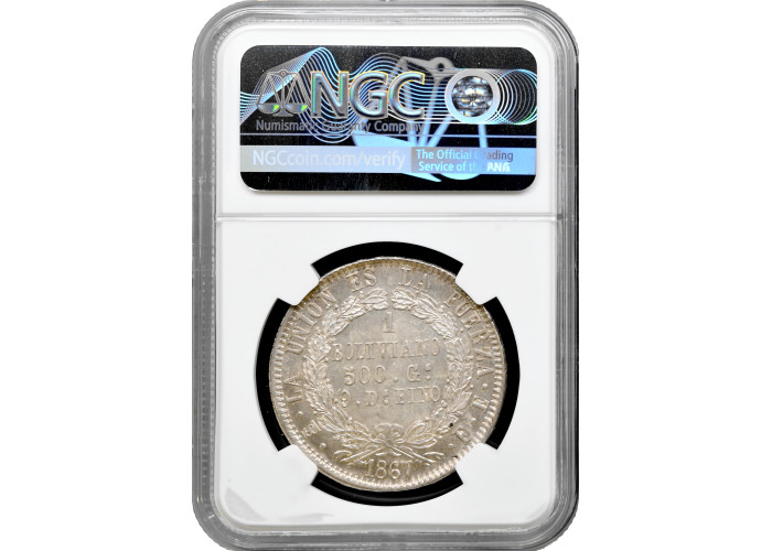 Боливия 1 боливиано 1867 г. PTS FE, NGC MS64, "Республика Боливия (1864 - 1869)" Top Pop 1/0