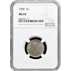 США 5 центов 1908 г., NGC MS62, "Liberty Nickel"