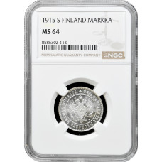 Финляндия 1 марка 1915 г. S, NGC MS64, "Император Николай II (1895 - 1917)"