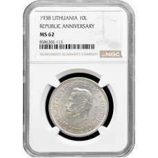 Litauen 10 Litu 1938, NGC MS62, "20. Jahrestag - Republik" Silbermünze 