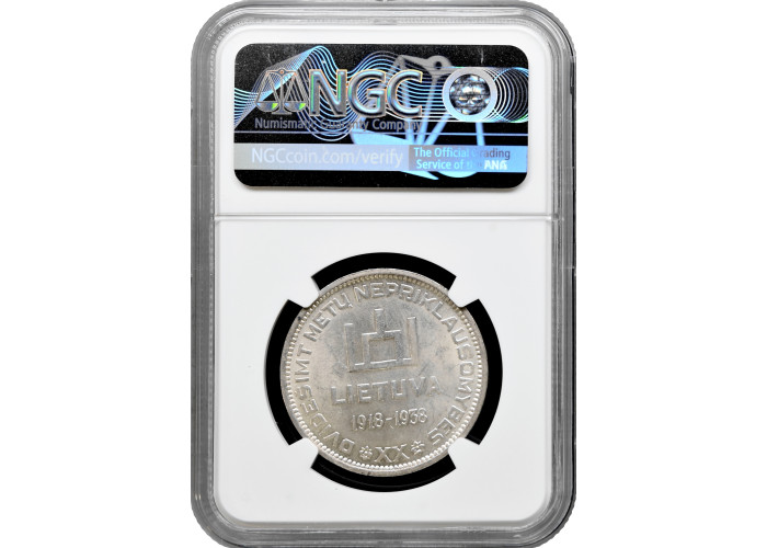 Lithuania 10 litu 1938, NGC MS62, "20th Anniversary - Republic" silver coin