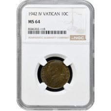 Ватикан 10 чентезимо 1942 г., NGC MS64, "Папа Пий XII (1939 - 1958)"