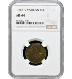 Vatican City 10 centesimi 1942, NGC MS64, "Pope Pius XII (1939 - 1958)"