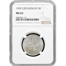 Czechoslovakia 5 korun 1929, NGC MS63, "First Republic (1919 - 1938)"