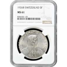 Швейцария 5 франков 1926 г. B, NGC MS61, "Швейцарская Конфедерация (1917 - 1967)"
